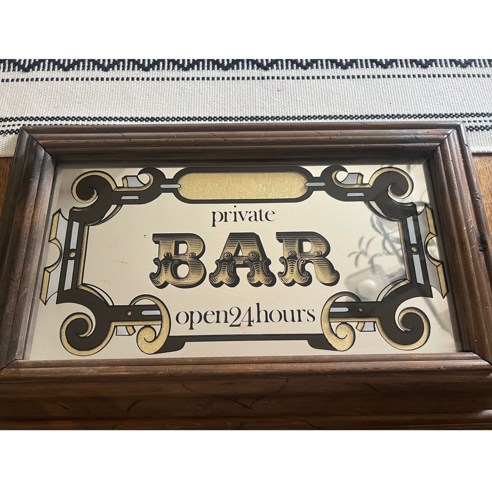 Vintage 1970s Private Bar Open 24 Hours Mirror Wood Frame Retro Pub Decor